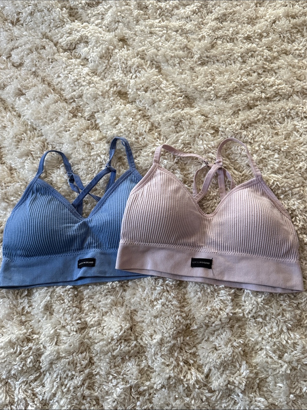 Lucky Brand Ribbed Bralette Set in Blue and Mauve